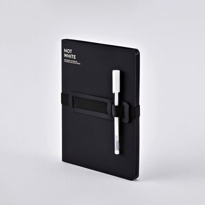 NOT WHITE – Schwarz  L Light | nuuna Notizbuch A5+ |  176 schwarze Seiten | 120g schwarzes Premium-Papier | mit Stift- und Smartphonehalterung | Gelstift weiß | nachhaltig produziert in Deutschland
