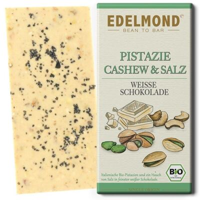 Edelmond Bio. Chocolat blanc aux noix avec pistaches et sel. Sans arômes artificiels.80g