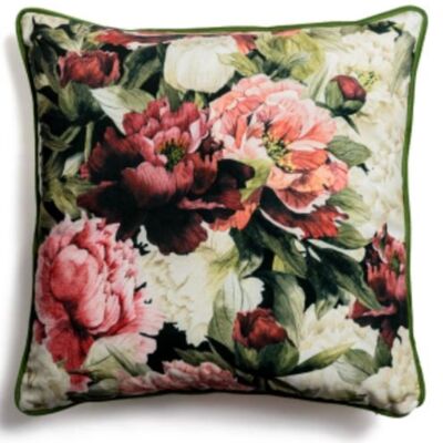 Peonies velvet decorative cushion with piping 45