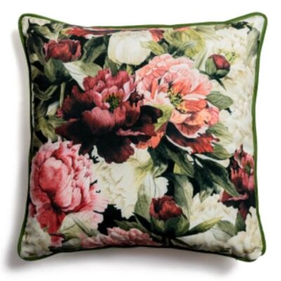 Peonies velvet decorative cushion with piping 50