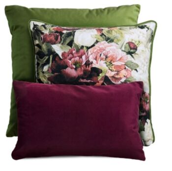 Coussin décoratif velours pivoines avec passepoil années 50 2