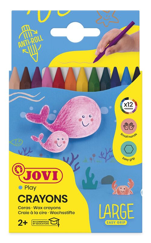 Jovi Lápices Jumbo Easy Grip, Estuche de 12 Lápices Plásticos Hexagonales, Colores Surtidos, Ideal para Niños