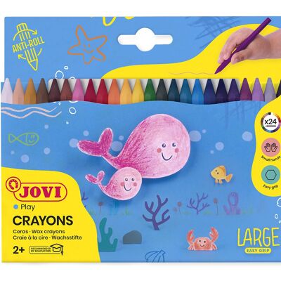 Crayons Jumbo Easy Grip Jovi, Étui de 24 crayons hexagonaux en plastique, Couleurs assorties, Idéal pour les enfants