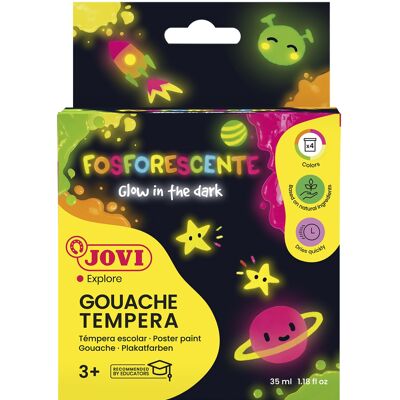 Phosphorescent gouache Jovi, Case of 4 bottles of 55ml, Assorted phosphorescent colours, Natural-based paint, Easy to wash off