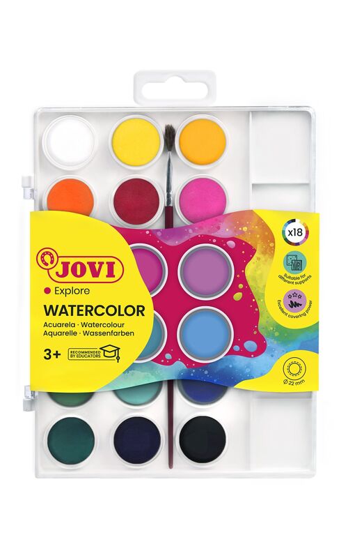 JOVI - Kit de Acuarela con Pincel, 18 pastillas de 22 mm, Colores Brillantes e Intensos, Pintura fácil de diluir con agua y secado rápido