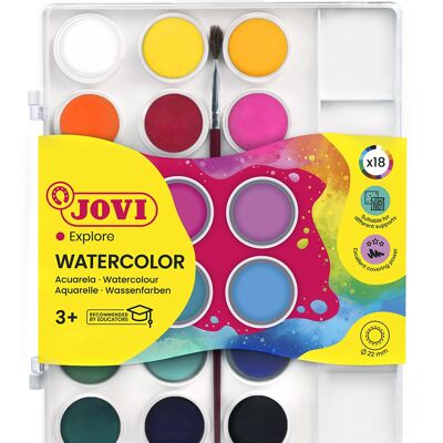 JOVI – Kit von Acuarela mit Pincel, 18 Pastillas von 22 mm, Colores Brillantes und Intensos, Farbe leicht mit Wasser verdünnbar und schnell trocknend
