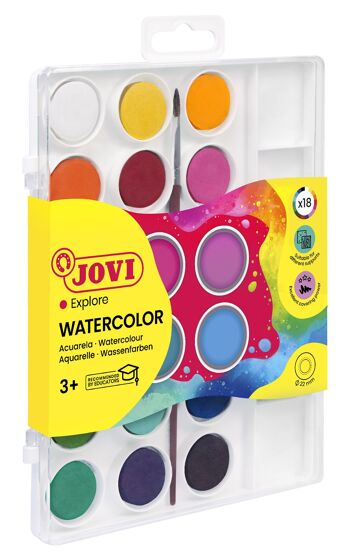 JOVI - Kit de Acuarela con Pincel, 18 pastillas de 22 mm, Colores Brillantes e Intensos, Pintura fácil de diluir con agua y secado rápido 2