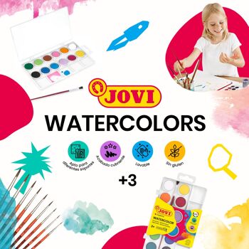 JOVI - Kit de Acuarela con Pincel, 18 pastillas de 22 mm, Colores Brillantes e Intensos, Pintura fácil de diluir con agua y secado rápido 4
