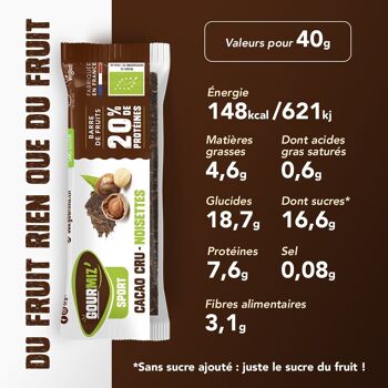 Barres de fruits protéinées bio, cacao cru & noisettes, 20% de protéines, vegan, sans gluten, encas sain pour les gourmands et les sportifs 4
