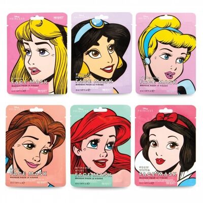 Pack 6 Mascarillas Faciales Princesas Disney.  Ariel, Bella, Aurora, Jasmine, Cenicienta, Blancanieves.