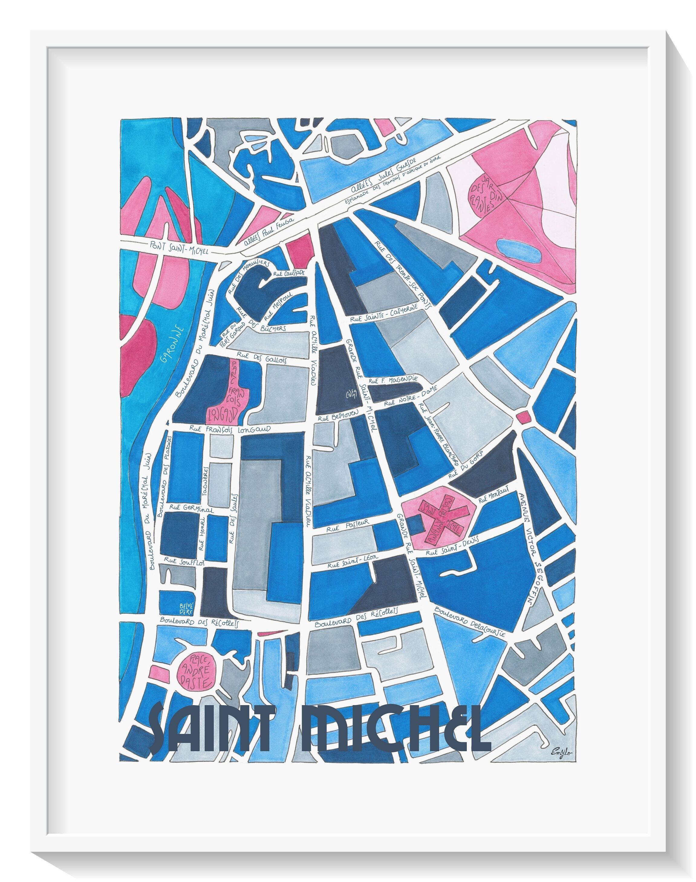 POSTER illustrata Mappa del quartiere Saint-Michel, TOLOSA