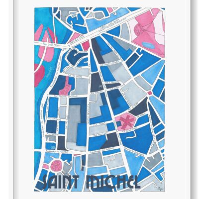Illustrated POSTER Map of the Saint-Michel District, TOULOUSE