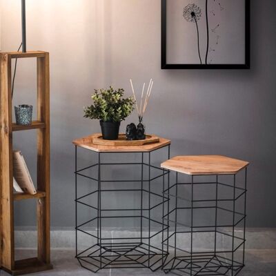Metal side table with wooden top from Naturn Living | Set of 2 | Wire baskets | Side tables | side table round | wire basket side table | Matt black