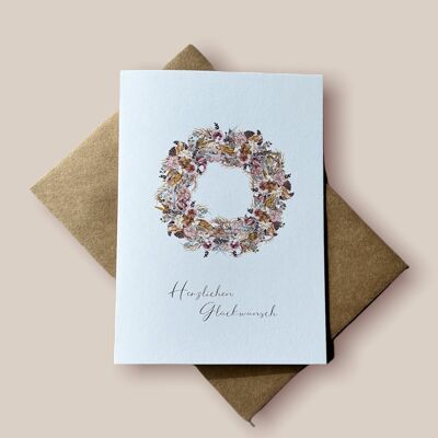 Greeting card with wreath of flowers - "Congratulations"