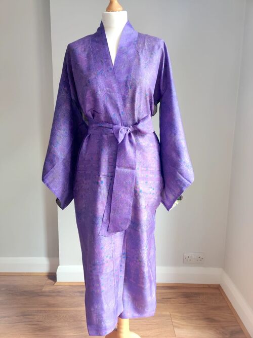 Floral Silk Kimono Robe - Periwinkle/Green