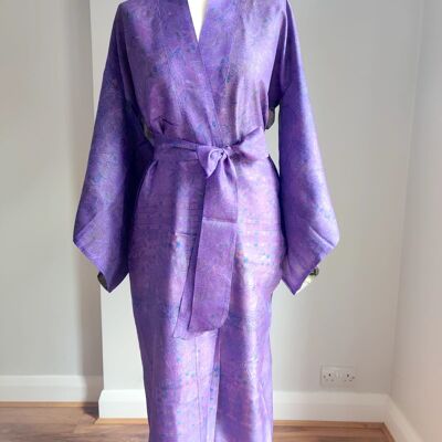 Floral Silk Kimono Robe - Periwinkle/Green