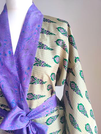 Robe Kimono en Soie Florale - Pervenche/Vert 6