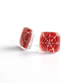 Boucles d'oreilles toile d'araignée rouge, argent 925 et verre, bijoux écologiques 2
