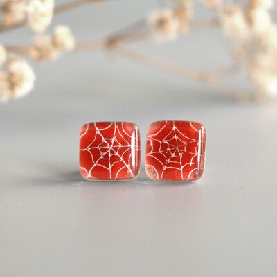 Red Spider Web Earrings, 925 Silver and glass, Ecological jewelry