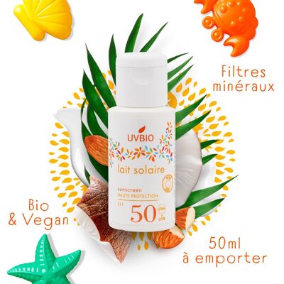 Latte solare biologico SPF 50 adulti e bambini, viso e corpo senza macchie bianche - 50ml