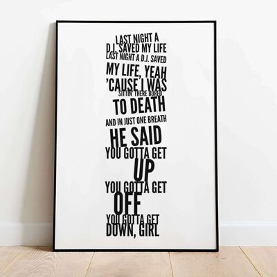 Last Night a DJ Saved My Life Long Music Typography Poster (42 x 59.4cm)