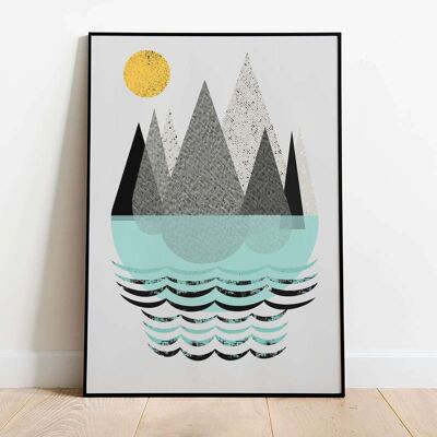 Mountains Grey Aqua Abstract Poster (42 x 59.4cm)
