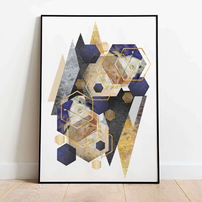 Reflection Mountains Gold Navy Grey Abstract Poster (42 x 59.4cm)