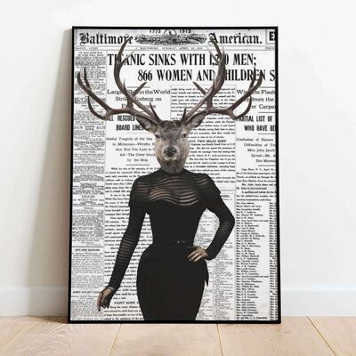 Reindeer Lady Old Newspaper Animal Poster (50 x 70 cm)