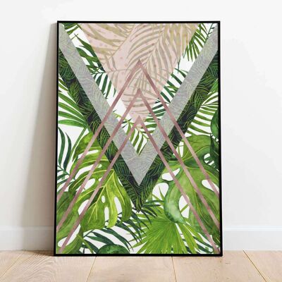 Tropical Leaves Rose Gold Triangles Geometrical Poster (50 x 70 cm)