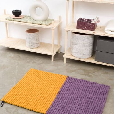 Contrast felt ball carpet - ocher yellow / violet - 70 x 100 cm