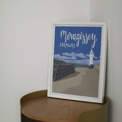 Mevagissey Lighthouse Art Print | Hand lettered Illustration