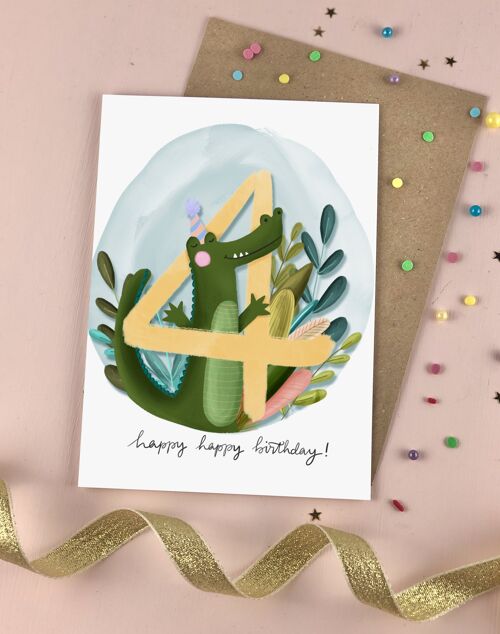 Fourth Birthday Kid's Crocodile Birthday Card Four