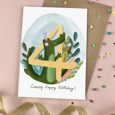 Fourth Birthday Kid's Crocodile Birthday Card Four