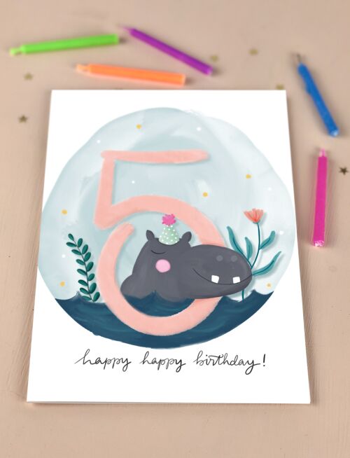 Fifth Birthday Kid's Hippo Birthday Card Five