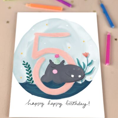 Fifth Birthday Kid's Hippo Birthday Card Five