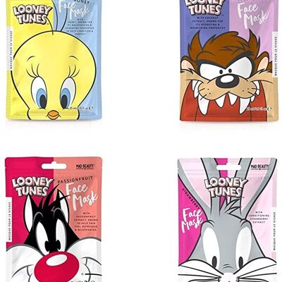 Pack 4 unidades. Mascarillas faciales Looney Tunes. Looney Tunes Silvestre, Piolín, Bugs Bunny y Taz.