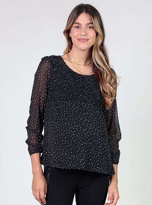 Blusa estampada topos con smock en pecho - Negro