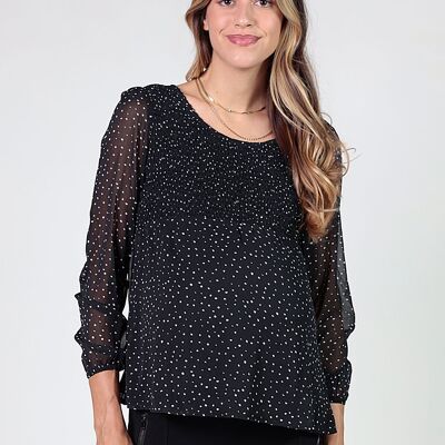 Blusa estampada topos con smock en pecho - Negro