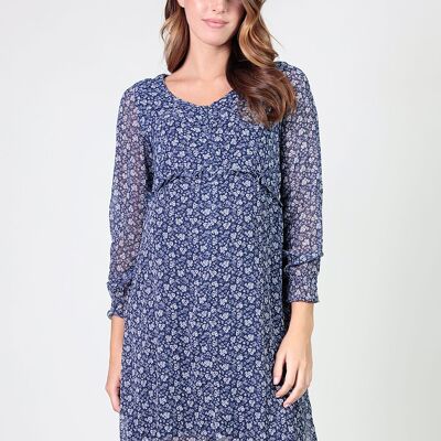 Printed dress with ruffle under the chest - Navy