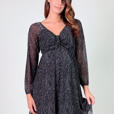 Printed dress with gathers on the chest - Black/Grey