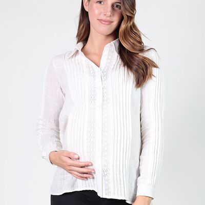 Pleated and lace maternity shirt - White