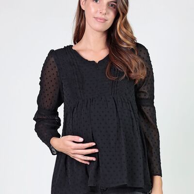 Blusa allattamento plumetti con pizzo - Nero