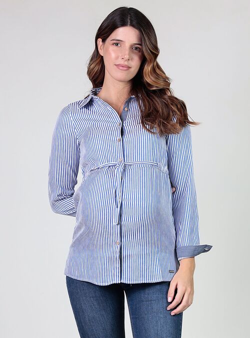 Camisa rayas con cinturón ajustable - Azul/blanco