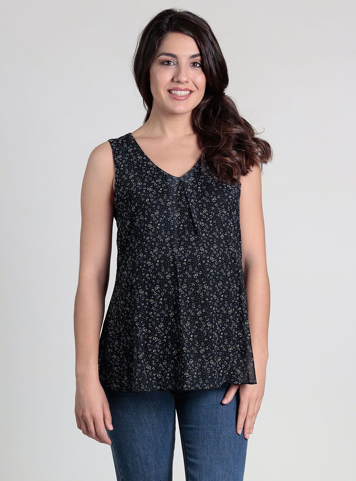 Bedrucktes T-Shirt aus Tüll mit Falte - Navy