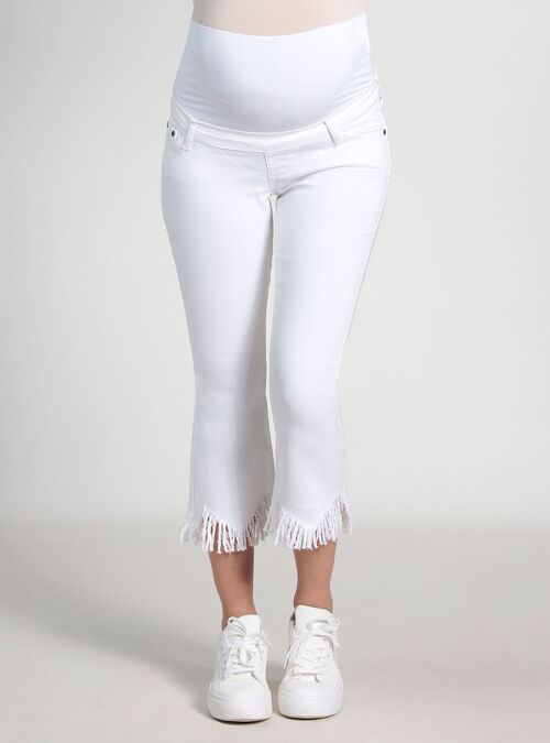 Pantalón jeans premamá campana flecos - Blanco