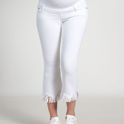 Pantalón jeans premamá campana flecos - Blanco