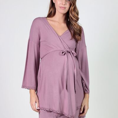 Maternity Robe With Tonal Lace - Purple