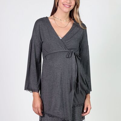 Maternity Robe With Tonal Lace - Dark Gray