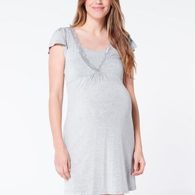 Chemise de nuit d'allaitement à pois et dentelle - Gris clair