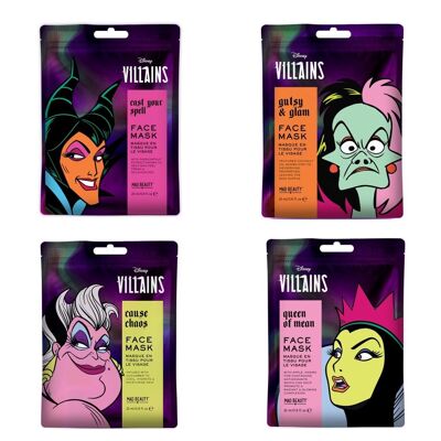 Pack 4 unidades. Mascarilla Facial Cruella, Maléfica, Reina Malvada y Ursula.